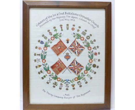 An oak framed print, Colours of the 1st and 2nd Battalions Grenadier Guards