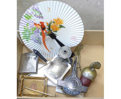 A Morris car badge, table lighter, plated cigarette case, copper ashtray, etc.