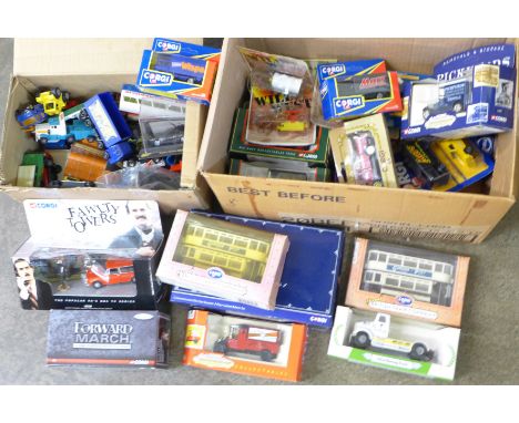 Two boxes of die-cast vehicles including Corgi Fawlty Towers, Ertl and Thunderbirds