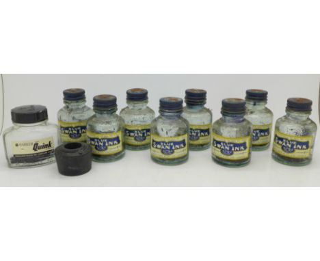 Eight vintage Blue Swan ink bottles, a Parker Quink ink bottle and an inkwell
