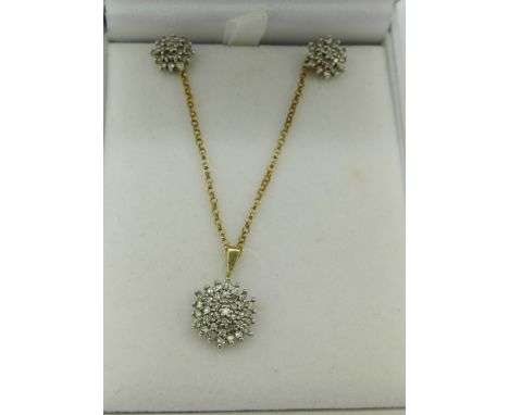 A pair of 9ct gold and diamond earrings and a matching pendant with chain, 4.6g