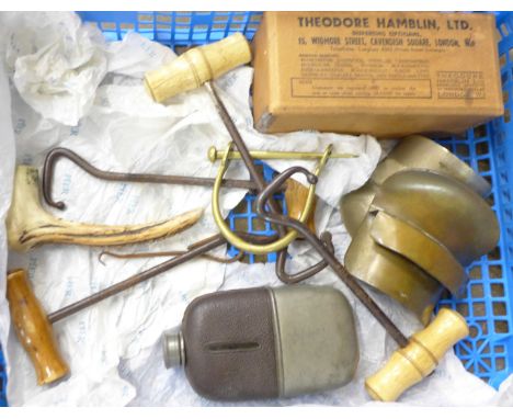 Assorted items; two pairs of boot hooks, a pair of boot aids, a hip flask, a horn handle, etc.