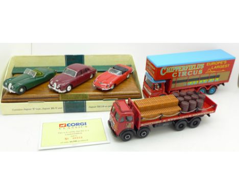 Two Corgi Classics model vehicles, Scottish &amp; Newcastle and Chipperfields Circus and a Corgi Jaguar Collection, boxed, (3