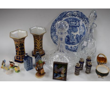 A pair of Wilton Ware Imari palette hexagonal vases, printed marks; a cut glass ship's decanter and stopper; another cut glas