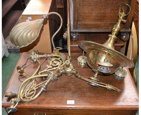 Lighting - a 1920's brass Art Nouveau three branch sinuous ceiling light; another, bulbous; wall lights; Art Deco lamp; etc