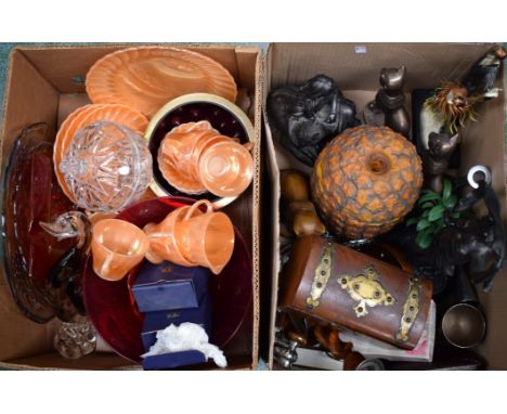 Glassware including art glass, carnival glass, Murano style bird, etc; a brass bound tea caddy; a pair of oak turned candlest