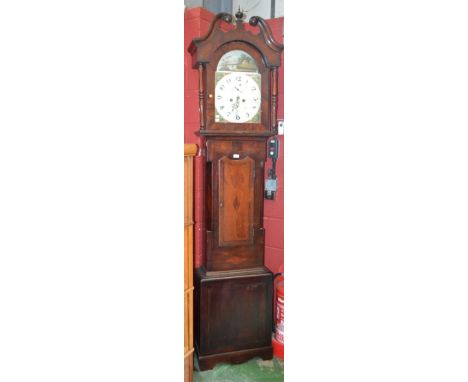 An oak and mahogany longcase clock, 32cm arched painted dial, the case with a swan neck pediment, shaped rectangular door to 