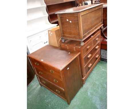 A light oak students bureau, fall front enclosing pigeon holes, over sliding door cupboards; a 1940's oak blanket box; a ches