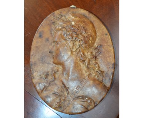 A large 19th century French wax seal, in relief with portrait profile bust of Marianne, symbol of The Republic, 21cm x 17cm