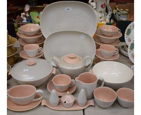 A Poole pottery six setting part dinner set, two tone peach and mottled grey design, including dinner plates, soup bowls, cup