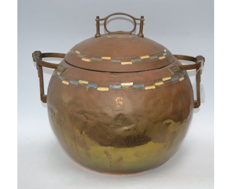 A large Arts and Crafts beaten brass and enamel globular box and cover, approx. 38cm high over handle