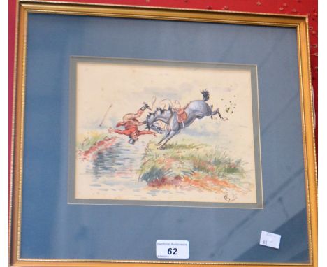 English SchoolThe First Ditch, huntsman falling from horsemonogrammed LE88, watercolour, 17cm x 21cm