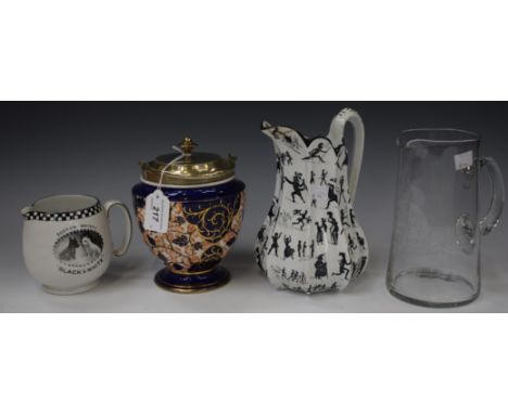 A Black and White Scotch Whisky jug; silhouette jug; a glass jug, etched The Angel, 268 Cable Street E, Xmas 1928; an Imari b
