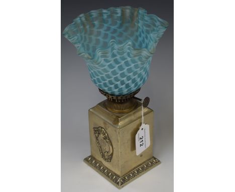 A Victorian oil lamp, frilled glass shade, 23cm overall Condition Report: Repairs have been made to the shade, wear and tarni