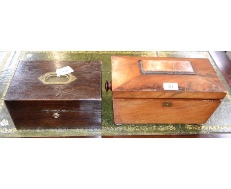 An Edwardian oak jewellery box, blue velvet lined, inset with three segmented trays; a Georgian mahogany tea caddy (2)