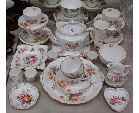 A Royal Crown Derby Posies pattern part tea service, comprising teapot, cups, saucers, side plates, bread and butter plate, m