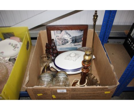 A turned wooden table lamp; two kilner jars; blue gilt banded tureen etc.