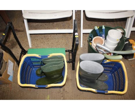 Two plastic garden trugs; two pairs of Wellingtons; various garden tools; a kneeler etc.