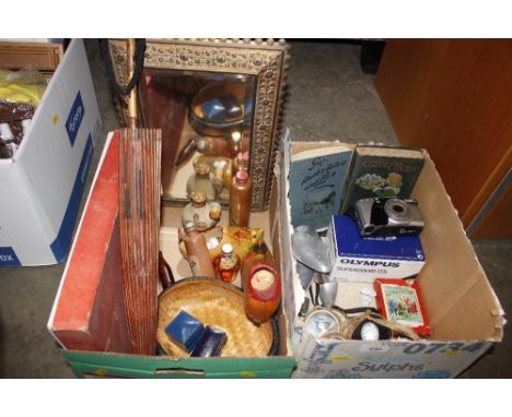 Two boxes of miscellaneous items; oriental parasol; metal framed bevel edged wall mirror; camera; printed miniatures etc.
