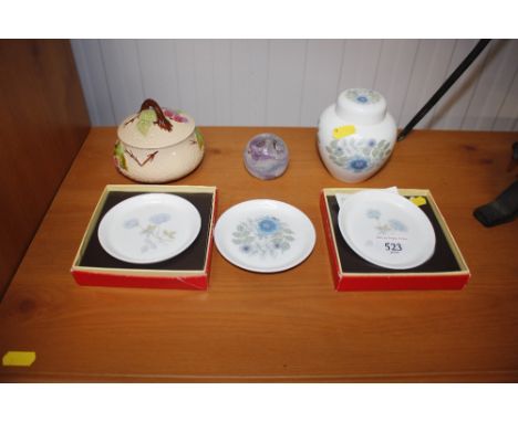 Three Wedgwood pin dishes, a matching ginger jar; Caithness paperweight and a Wade bramble jar and cover