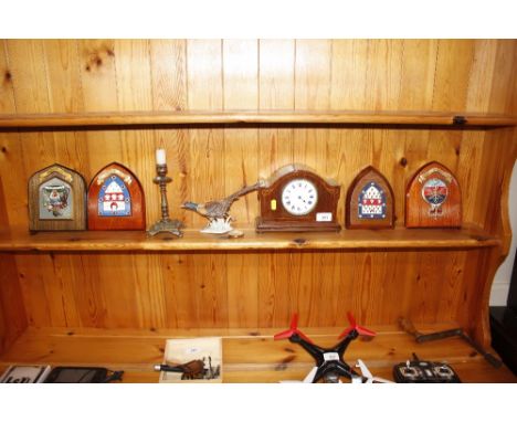 An Edwardian inlaid mantel timepiece; a Tissot pocket watch; a Goebel model of a pheasant&nbsp; AF; brass candlestick; and fo
