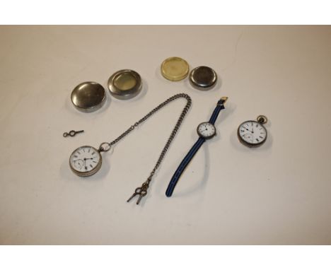 A foliate decorated white metal wrist watch with gilt decorated enamel dial; a silver watch chain; and two plated pocket watc