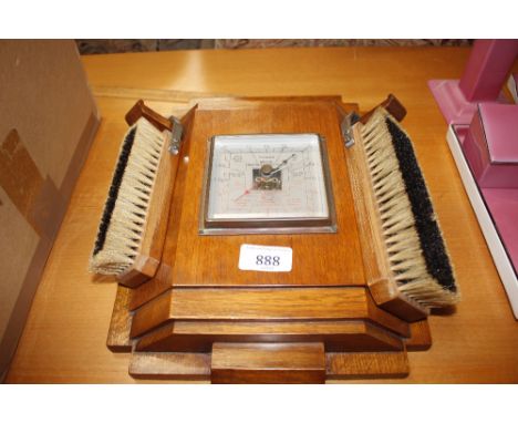 An oak Art Deco brush and barometer set