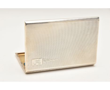 A SILVER CIGARETTE CASE, rectangular form cigarette case with engine turned pattern and engraved cartouche, approximate lengt