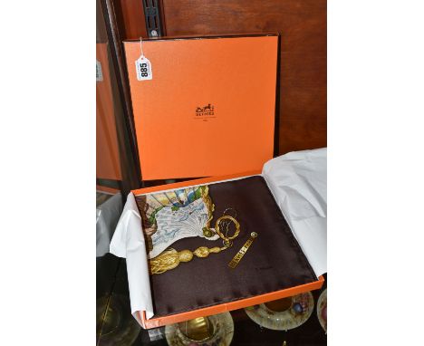 A BOXED HERMÉS SILK SCARF, Hermes 'Brise de Charme' brown, signed by Julie Abadie, 1991 edition, size 90cm x 90cm, in origina