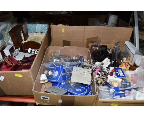 FOUR BOXES OF DOLLS HOUSE FURNITURE AND ACCESSORIES to include mostly bedroom and nursery related items to include beds, bedd