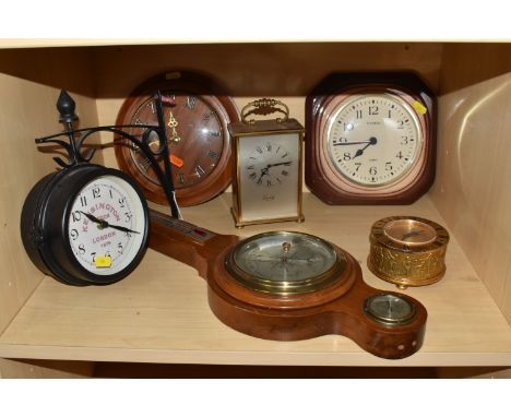 A GROUP OF FIVE CLOCKS AND A BAROMETER to include a circular gilt 'Imhoff Swiss' clock, diameter 10cm (loss to one of the ins