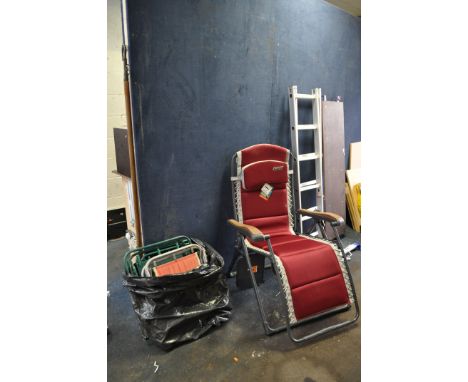 A QUEST ELITE FOLDING GARDEN CHAIR, three metal framed deck chairs and a platform ladder height 165cm (5)