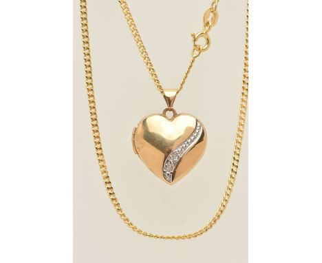 A YELLOW METAL HEART LOCKET PENDANT WITH CHAIN, polished heart locket with single cut diamond detail, fitted with a tapered b