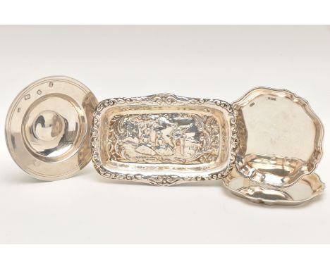 FOUR SILVER DISHES, to include a rectangular dish with embossed romantic scene, hallmarked 'Cooper Brothers &amp; Sons Ltd' S