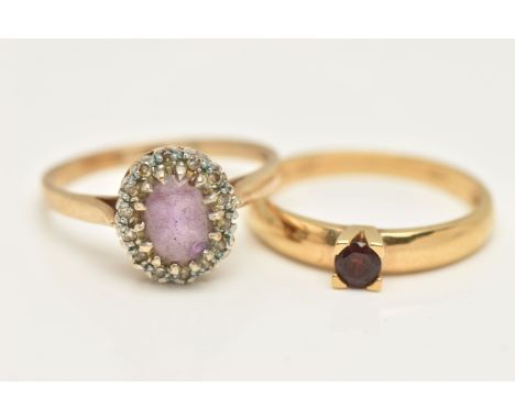 A 9CT GOLD AMETHYST AND DIAMOND CLUSTER RING AND A GARNET RING, of an oval form, centring on an oval cut amethyst, claw set w
