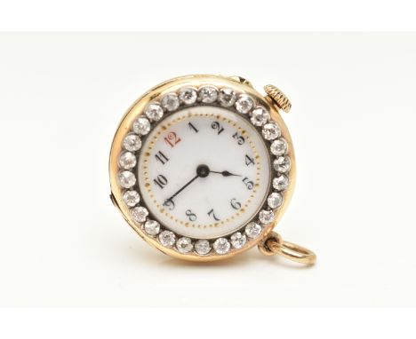 AN EARLY 20TH CENTURY, 18CT GOLD DIAMOND FOB WATCH, manual wind, white circular dial, Arabic numerals, blue steel hands, with