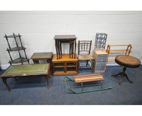 A LARGE SELECTION OF OCCASIONAL FURNITURE, to include a mahogany coffee table, a four tier corner what-not, two nest of three