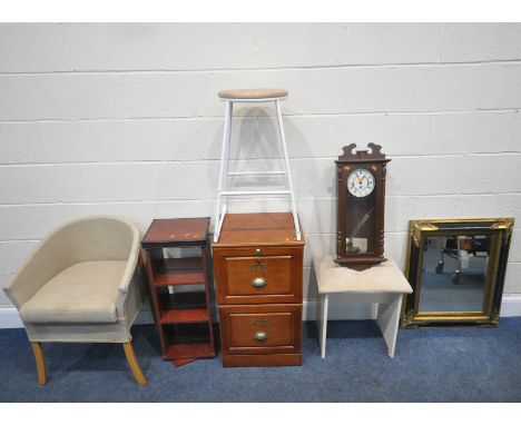 A TWO DRAWER FILING CABINET, width 46cm x depth 42cm x height 78cm, a revolving bookcase, a commode, two stools, a wall clock