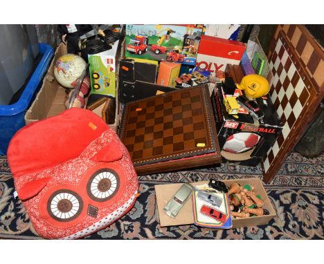 TWO BOXES AND LOOSE TOYS AND BOARD GAMES, to include three chessboards, a boxed set of wooden chess and draughts pieces, a bo
