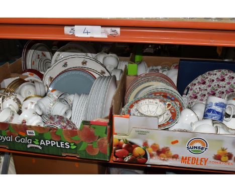 FOUR BOXES OF TEA AND DINNER WARES ETC, to include Aynsley 'Elizabeth' cups and saucers, Colclough 8525 pattern cups and sauc