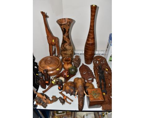 A QUANTITY OF MOSTLY AFRICAN INTEREST TREEN to include two wall hanging wood carvings depicting lions, giraffes, elephants, w