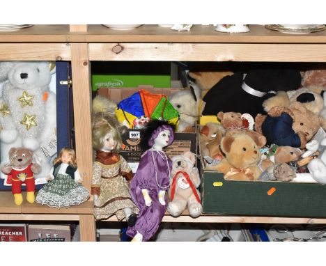 THREE BOXES OF PLUSH TOYS AND DOLLS, to include a special edition 2002 keepsake memories bear in carry case with certificate 
