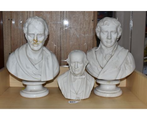 TWO WHITE MARBLE BUSTS AND A PARIAN PORCELAIN BUST to include a marble bust of an eighteenth century/early nineteenth century