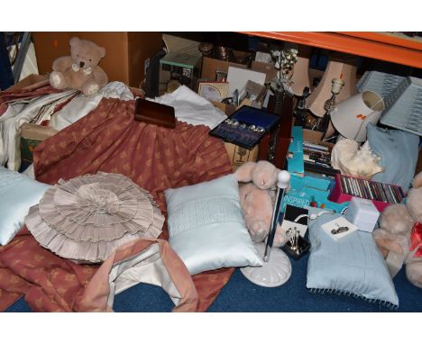 FIVE BOXES AND LOOSE ASSORTED SUNDRY ITEMS ETC, to include curtains and bedding, flat wares including an Arthur Price canteen