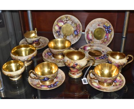 A GROUP OF AYNSLEY 'ORCHARD GOLD' TEAWARES WITH GILT INTERIORS, rims, and feet to include a milk jug height 10cm (possible sm