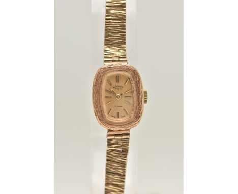 A LADIES 9CT GOLD 'ROTARY' WRISTWATCH, manual wind, rounded rectangular gold tone dial signed 'Rotary 21 Jewels', baton marke