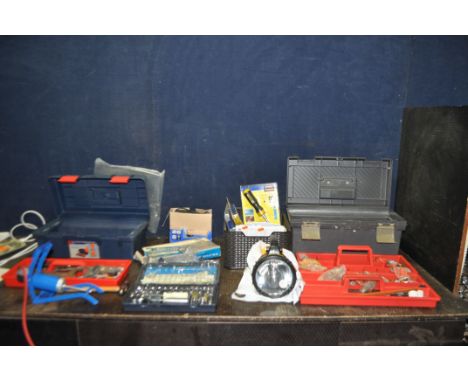 TWO TOOLBOXES AND A TRAY CONTAINING  AUTOMOTIVE AND OTHER TOOLS including a Talco socket set (incomplete), spanners, hammers,