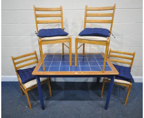 A PARTIALLY PAINTED RECTANGULAR TILE TOP KITCHEN TABLE, length 120cm x depth 75cm x height 76cm, along with a set of four cha