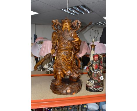 TWO CHINESE SCULPTURES to include a large wooden 'Guan Yu' God of War sculpture on a wooden base, carrying his weapon, height