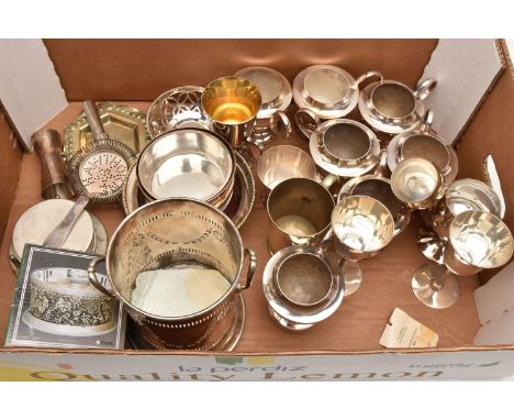 A BOX OF ASSORTED WHITE METAL, to include goblets, coasters, a wine thermometer, coasters, bottle coasters, a measuring cup, 